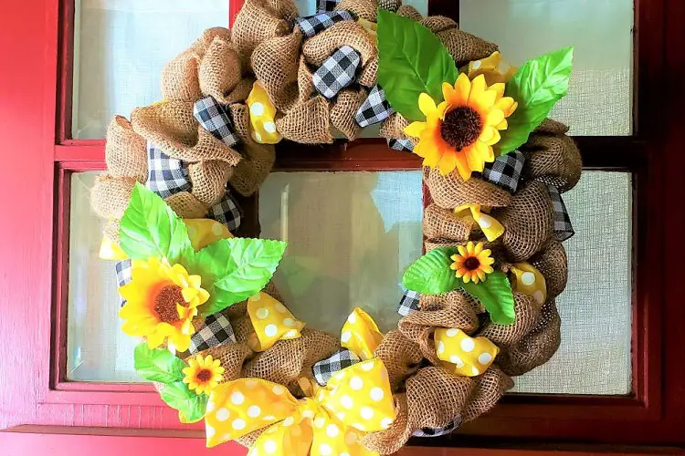 DIY ribbon wreath hanging on door
