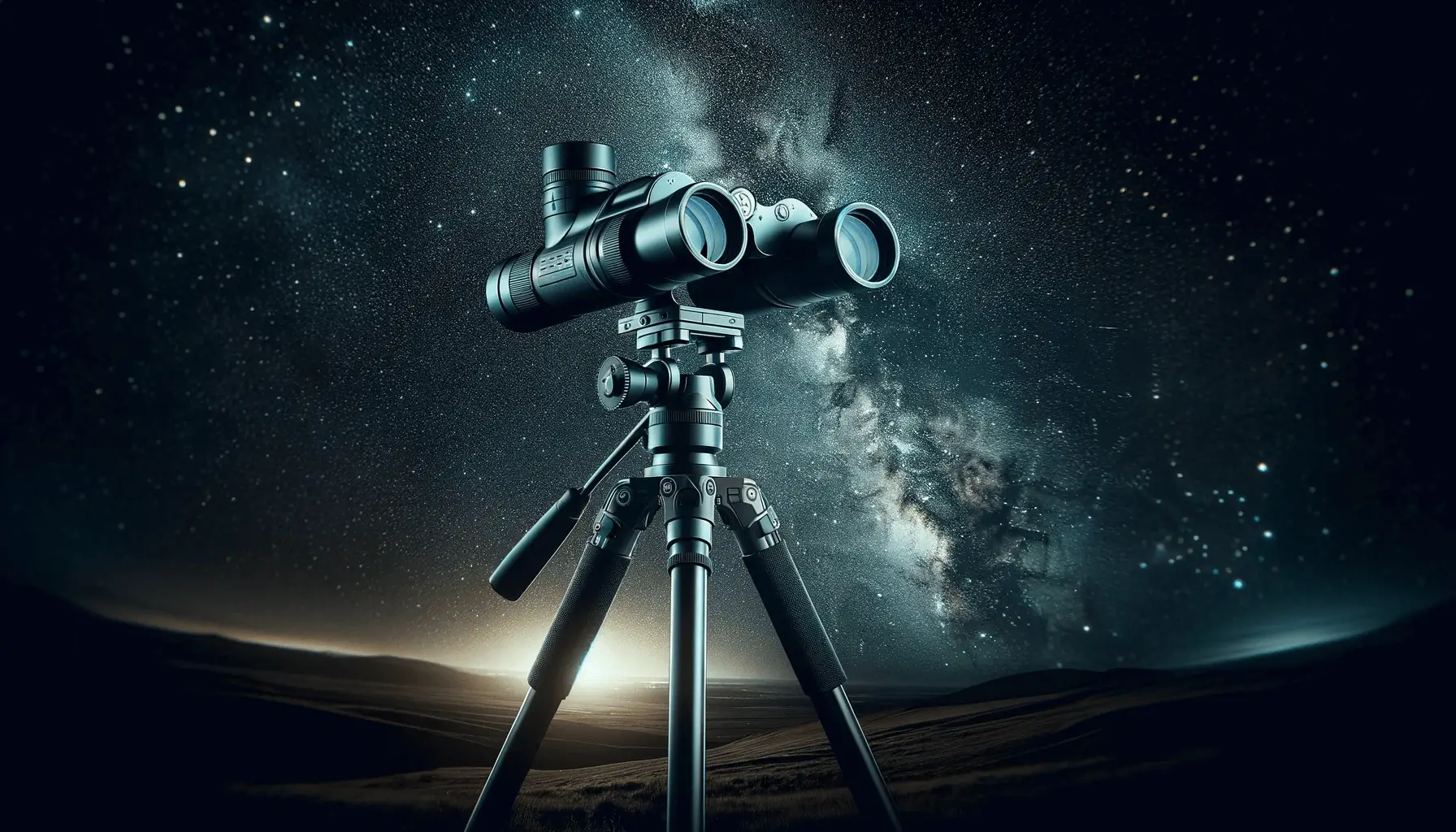 Image of astronomy binoculars with a tripod.